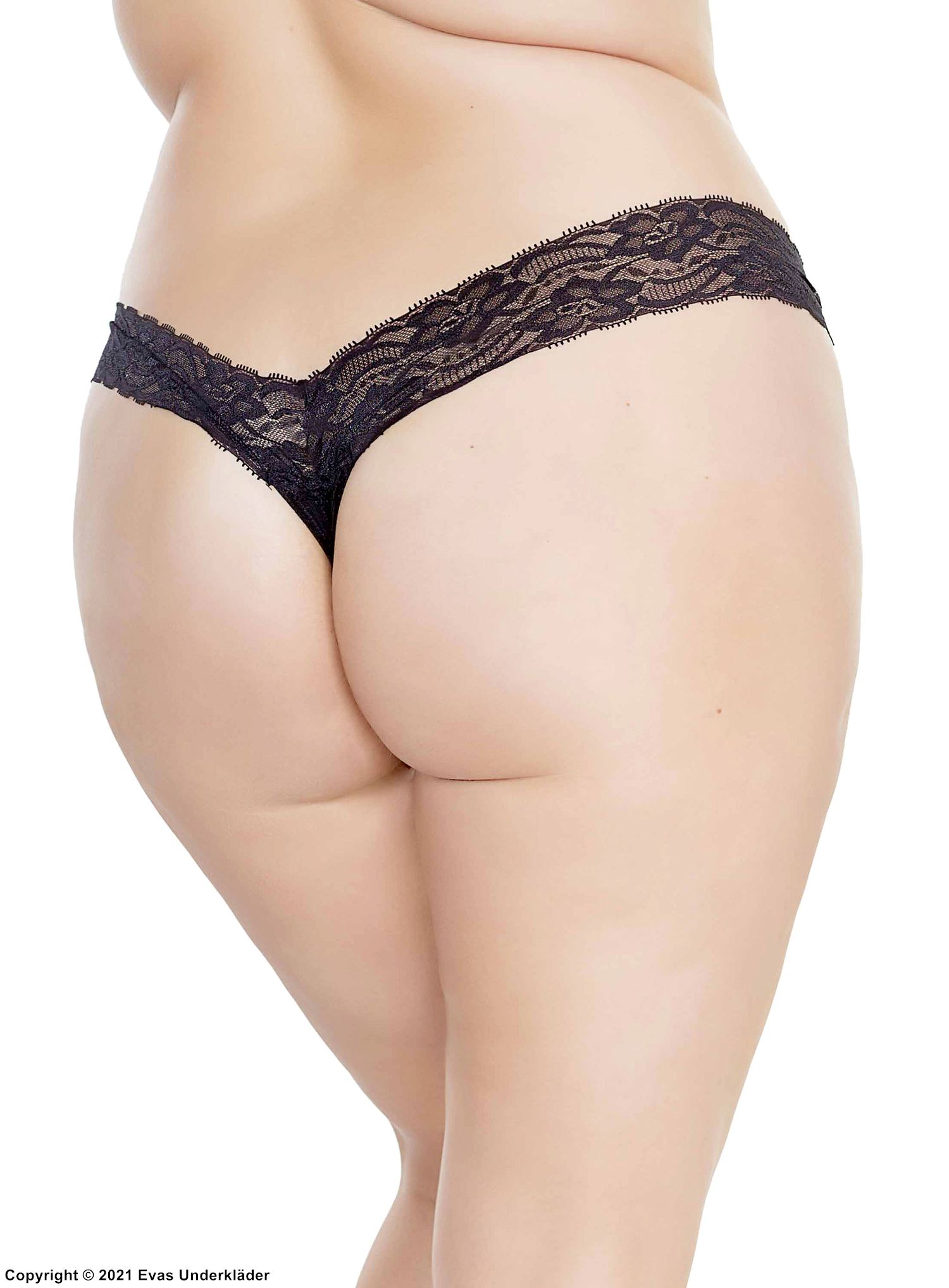 Verführerischer Tanga, Stretch-Spitze, offener Schritt, Plus Size